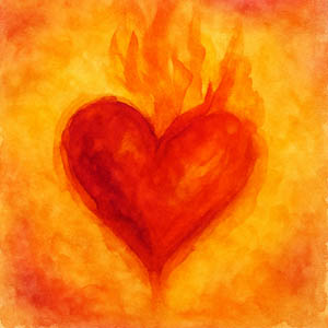 Radiant swirls of red and gold suggesting a heart and fire