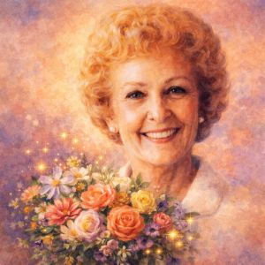 Watercolor portrait of First Lady Pat Nixon with a bouquet of flowers and gentle golden sparkles