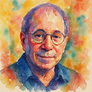 Watercolor portrait of Paul Simon with a gentle smile and radiant colors