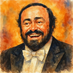 Watercolor portrait of Luciano Pavarotti in warm stage light, joyful presence and generous voice