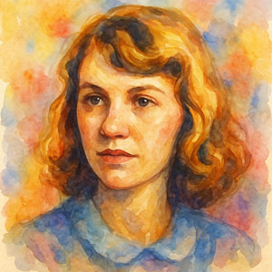 Watercolor portrait of Sylvia Plath — radiant yet introspective