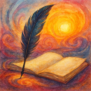 Square watercolor in Daily Celebrations style — quill-and-light motif, musical swirls of ink and dawn hues