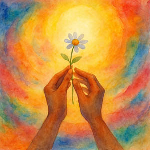 Watercolor of two hands exchanging a warm golden light, symbolizing heartfelt praise and encouragement.