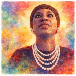 Radiant watercolor portrait of a soprano with pearls, gazing upward in warm golden light