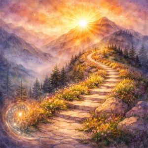 Watercolor mountain path rising toward a radiant sunrise, symbolizing growth through challenges