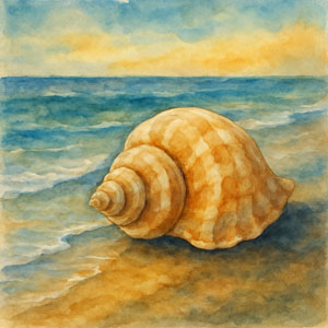 Watercolor of a perfect seashell at the edge of the ocean.