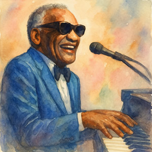 Watercolor portrait of Ray Charles at the piano, joyful smile, soulful tones
