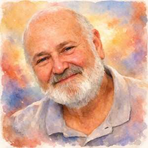 Watercolor portrait of Rob Reiner with a warm smile and gentle, radiant background