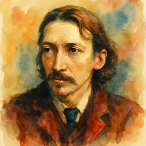 Robert Louis Stevenson watercolor portrait — thoughtful, adventurous, humane