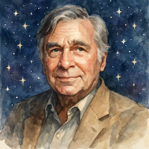 Watercolor of Gene Roddenberry surrounded by stars