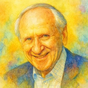 Watercolor portrait of William Safire in bold, thoughtful colors