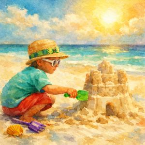 Child building a sandcastle on the beach, discovering the joy and wonder of the moment