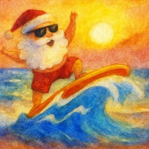 Watercolor of a surfing Santa in sunglasses, riding a wave at sunset