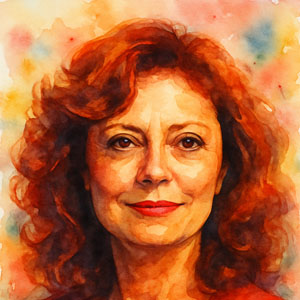 Square watercolor portrait of Susan Sarandon in vibrant Daily Celebrations style—warm gaze, confident poise, and passionate colors