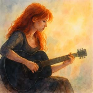 Red-haired woman with guitar in morning light
