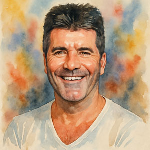 Watercolor portrait of Simon Cowell wearing a dark shirt and a thoughtful expression