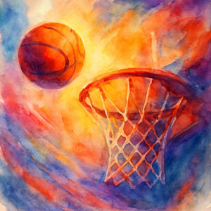 Watercolor of a basketball dropping into a net, painted in radiant oranges, reds, and blues with joyful light