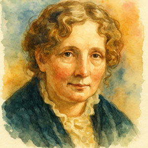 Watercolor portrait of Harriet Beecher Stowe — compassionate strength, moral courage, and timeless grace