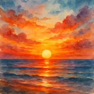 Watercolor sunset over the ocean horizon, with warm tones of gold and coral blending into deepening blue, evoking reflection and serenity