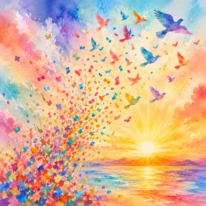 A joyful watercolor filled with floating pieces of colorful confetti. As they drift upward, the confetti gradually transforms into bright birds taking flight across a radiant sunrise. The viewer doesn't notice the transformation immediately—that's the surprise. Soft, flowing Daily Celebrations brushwork. Passionate colors. Wonder. Hope. No words.