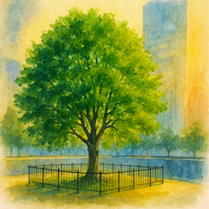 Watercolor of the Survivor Tree in bloom at the 9/11 Memorial