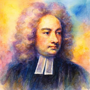 Watercolor portrait of Jonathan Swift in soft, flowing colors, gazing thoughtfully to the side