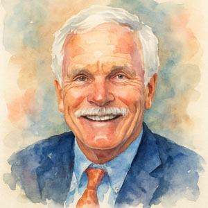 Watercolor portrait of Ted Turner, smiling slightly, in energetic, colorful light