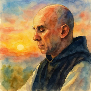 Watercolor portrait of Thomas Merton in contemplation