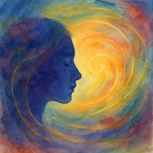 Square watercolor in Daily Celebrations style, abstract swirling light around a calm profile