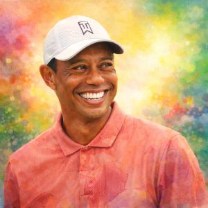 Watercolor portrait of Tiger Woods, smiling warmly, in the Daily Celebrations style