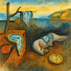 Square watercolor of flowing light and shifting colors suggesting the passage of time