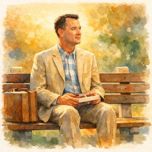Tom Hanks, watercolor-style portrait with warm light