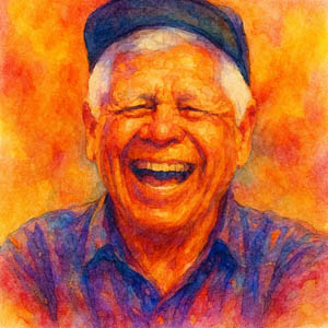 Watercolor portrait of Lee Trevino laughing warmly, painted in radiant greens and golds