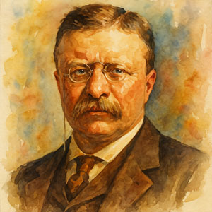 Watercolor portrait of Theodore Roosevelt — confident, energetic, and full of life in the Daily Celebrations style