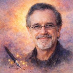 Watercolor portrait of cartoonist Garry Trudeau with an ink pen and gentle sparkles symbolizing satire and laughter