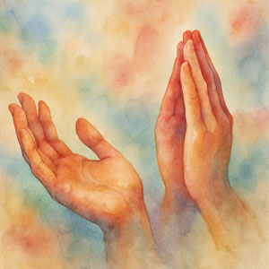 Watercolor of two hands, one open and one in prayer