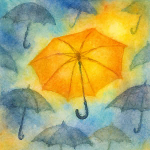 Watercolor of a beautiful unique yellow umbrella, different from all the rest