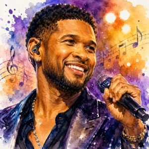 Watercolor portrait of Usher with microphone, music, and radiant stage lights