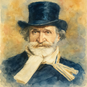 Watercolor portrait of Giuseppe Verdi bathed in soft light, capturing the spirit and soul of his music