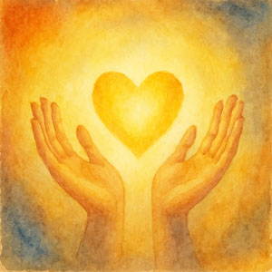 Square watercolor evoking virtue — radiant light, open hands, and inner calm