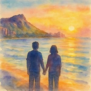 Watercolor image with Diamond Head and two figures pure aloha,