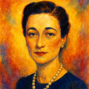 Watercolor portrait of Wallis Simpson in elegant navy dress and pearls, painted in warm, radiant colors