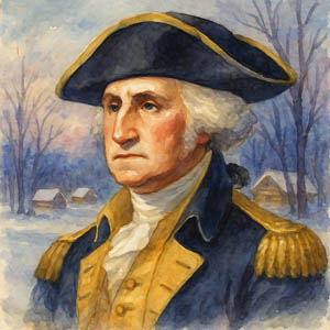 Watercolor portrait of George Washington at Valley Forge