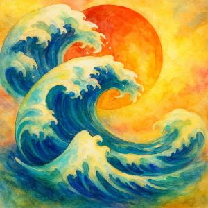 Watercolor wave rising with strength and calm, inspired by the rhythm of the sea