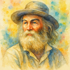 Watercolor portrait of Walt Whitman — serene, visionary, and full of light in the Daily Celebrations style