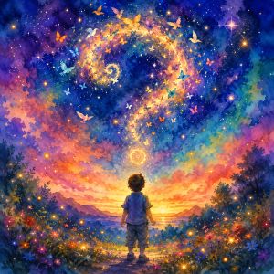 Original Daily Celebrations watercolor of a child gazing at a glowing question mark formed by birds, butterflies, stars, and light, celebrating curiosity, wonder, and imagination.