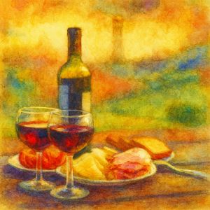 Watercolor of colorful wine glasses sparkling with light
