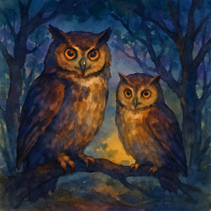 Square watercolor in Daily Celebrations style — two owls in a twilight grove, symbolizing wisdom