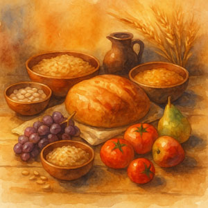 Watercolor of a shared table with grains, fruits, and bread in warm light, honoring World Food Day