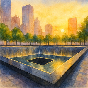 Watercolor of 9/11 Memorial Reflecting Pools at sunrise